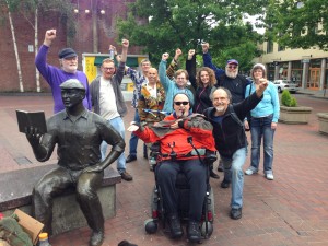 At the end of today’s protest, several participants marched two blocks to thank Ken Kesey, the late author of ‘One Flew Over the Cuckoo’s Nest’ who lived in Lane County. A statue of Ken is in the middle of Eugene’s downtown, informally known as Kesey Plaza.