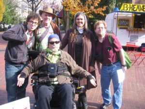  Thanks, this was from our gathering on Friday, Nov. 4, 2016, at Kesey Square. We visited the office Rep. Peter DeFazio to object to his sponsorship of a bill that would increase coerced psychiatry on an outpatient basis. Left to right on top: Ian, Dale, Sarah, Howard. And that is me sitting down! 